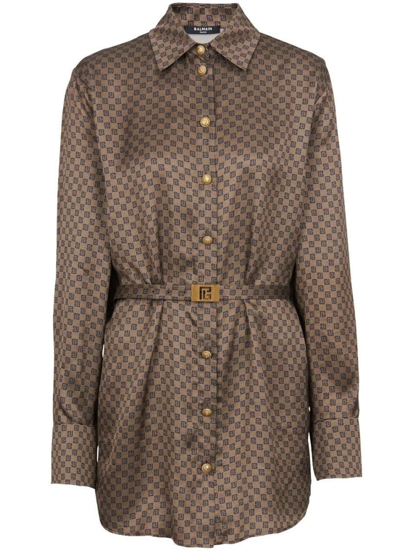 Balmain Monogram Satin Belted Shirt