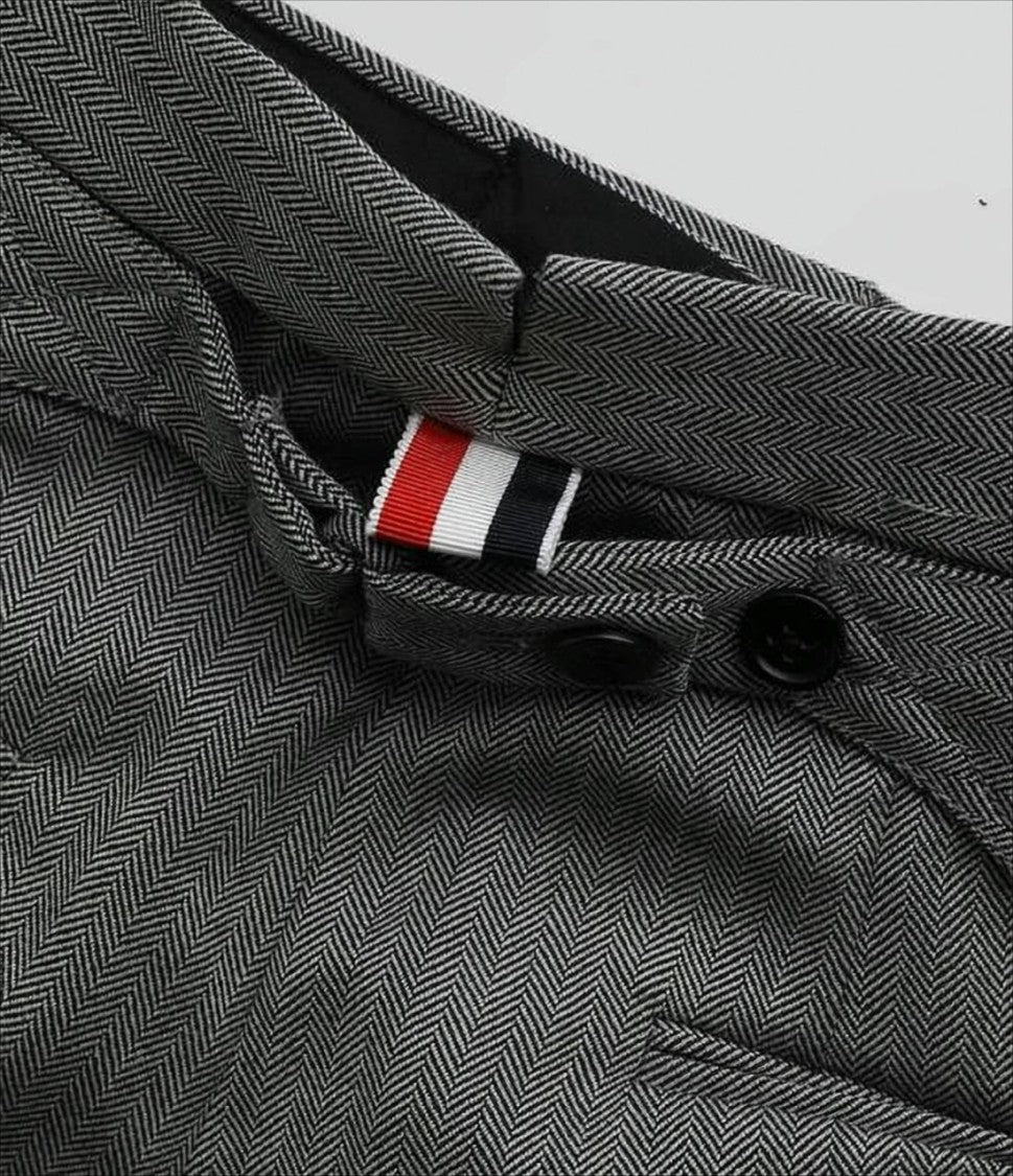 Thom Browne Tailored Grey Herringbone Wool Pants With Cuffed Hems