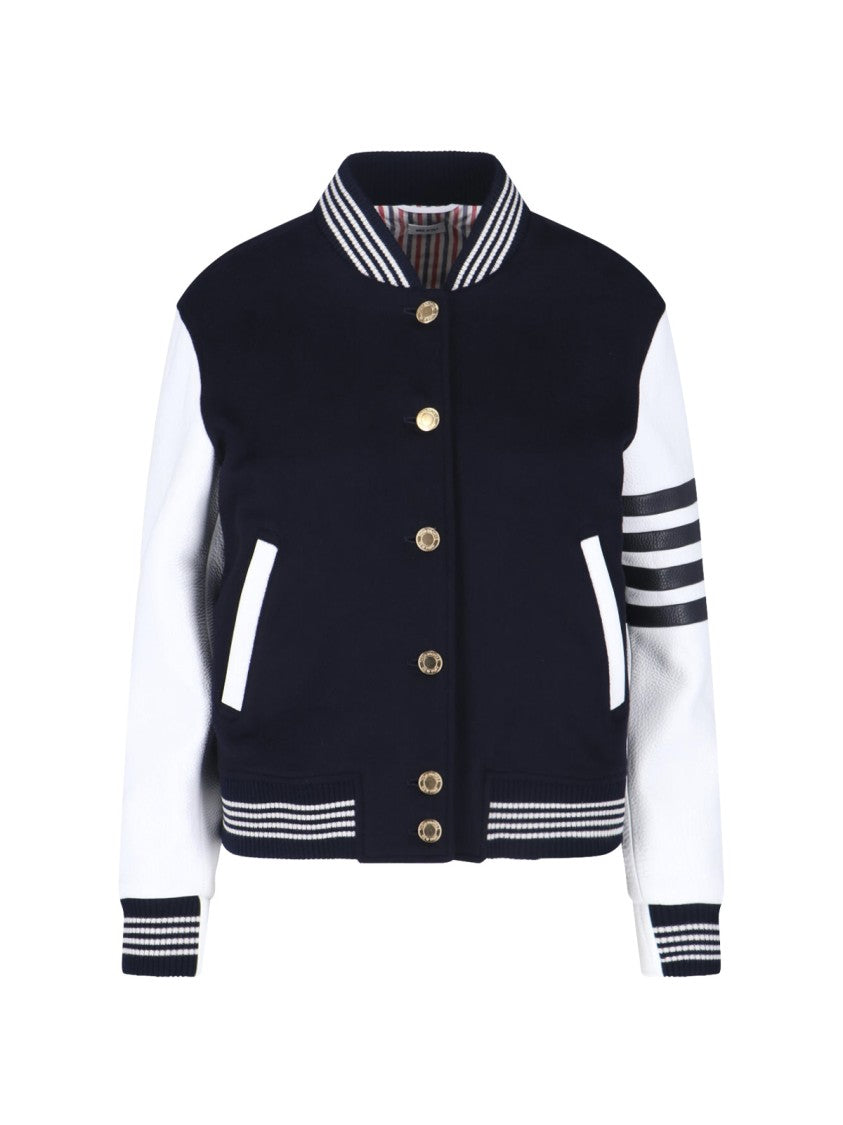 Thom Browne Navy Wool Varsity Leather Sleeve Jacket