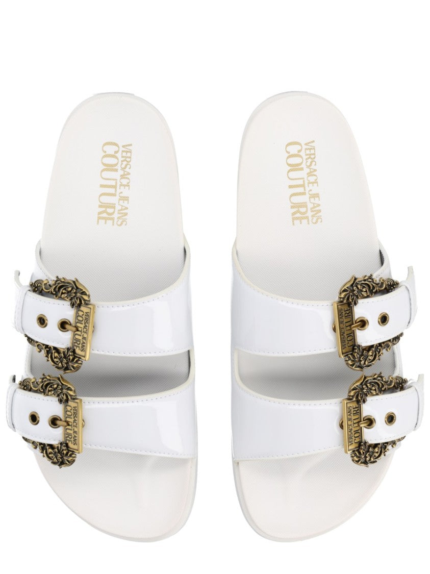 Versace Jeans Couture White Wide Straps Gold Buckles Sandals