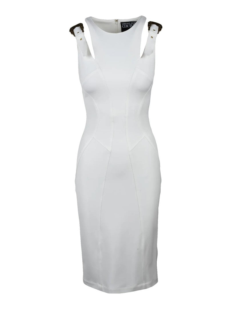 Versace Jeans Couture White Structured Buckled Strap Viscose Sheath Dress