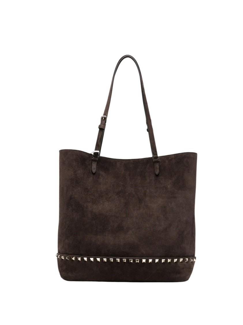 Valentino Dark Brown Rockstud Medium Calf Suede Tote Bag