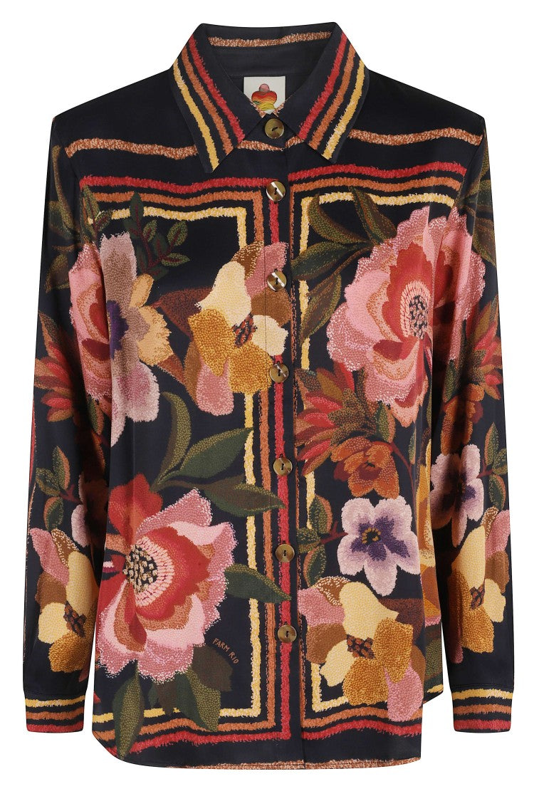 Farm Rio Chenille Floral Pattern Button-Up Shirt