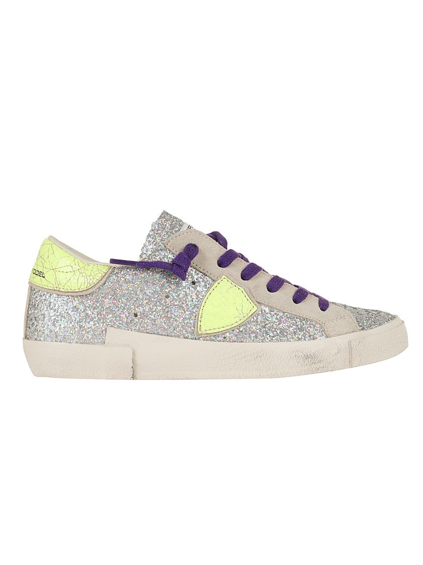 Philippe Model Silver Glitter Low-Top Sneakers With Neon Accents