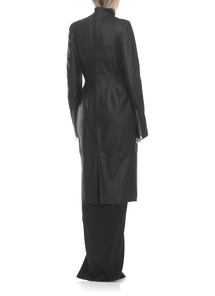 Rick Owens Black High Neck Gary Leather Coat