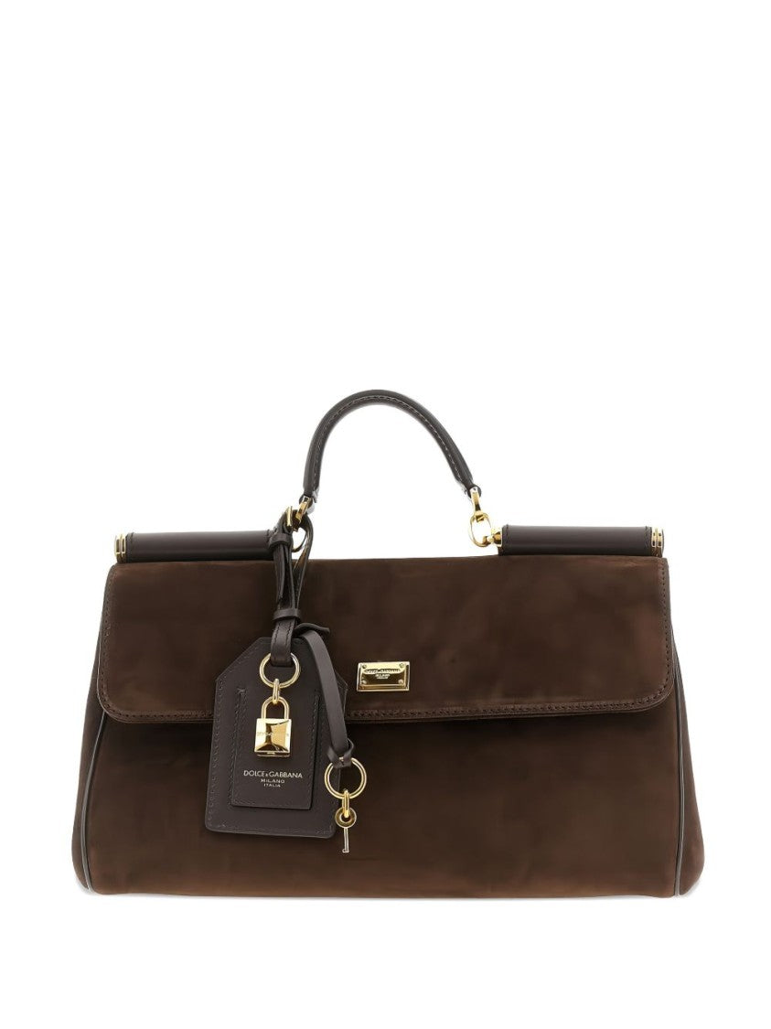 Dolce & Gabbana Structured Brown Suede Handbag With Gold-Tone Hardware