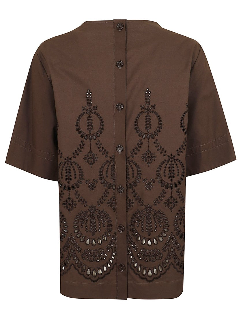 Parosh Brown Cotton Poplin Top With Embroidered Detail