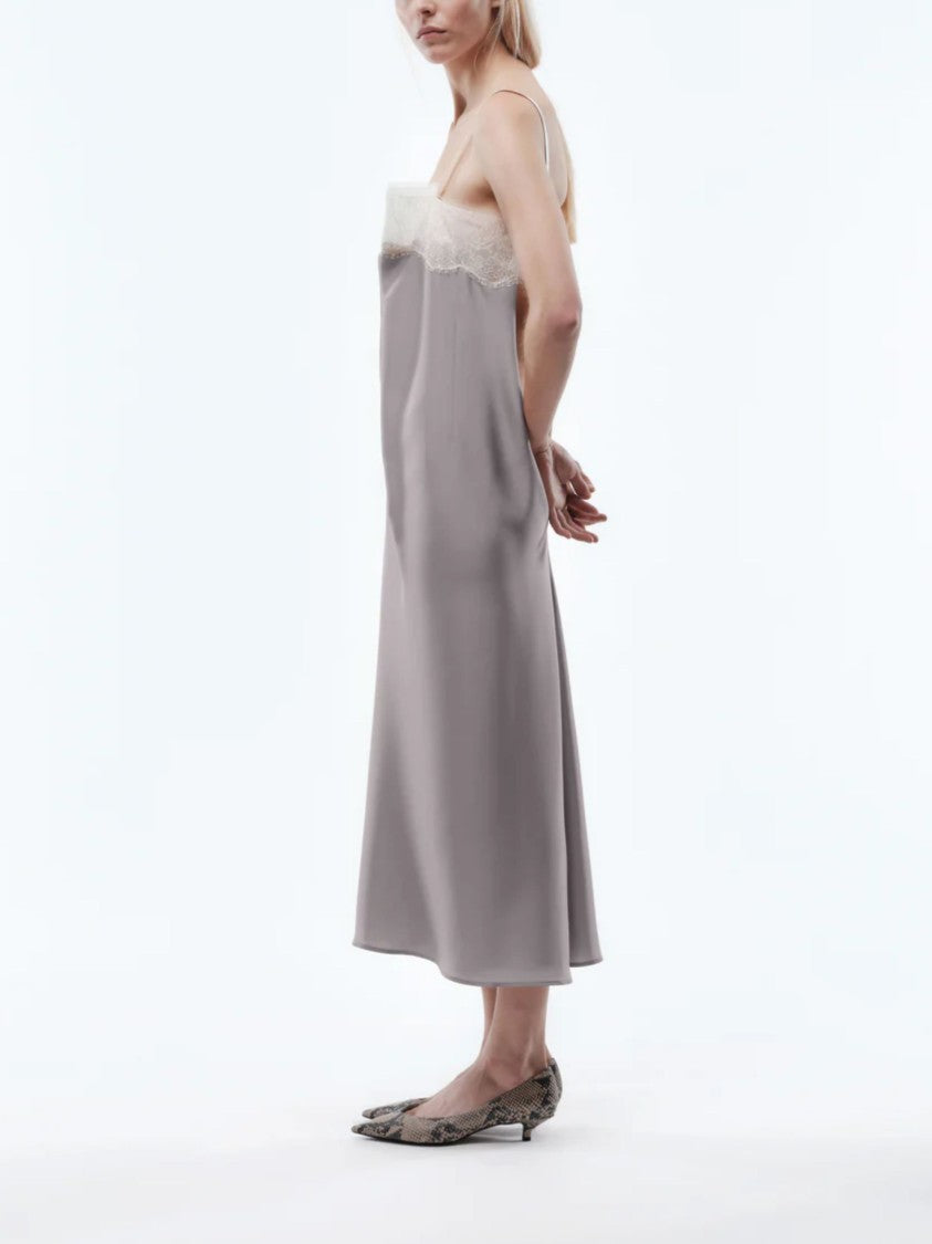 Carven Grey Lace Accent Silk Midi Dress