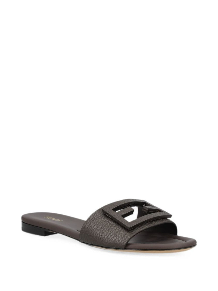 Fendi Tube Brown Pebbled Leather Bold Logo Sandals