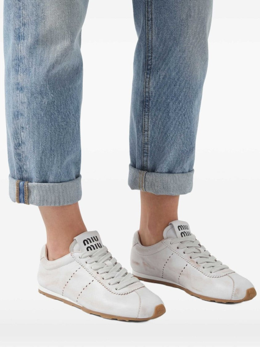 Miu Miu Minimalist Perforated Smooth Leather Lace-Up Flats