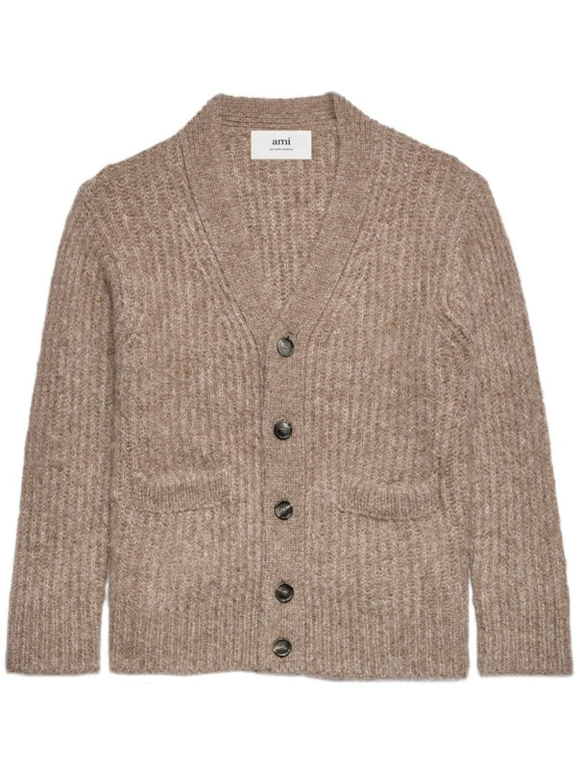 Ami Paris V-Neck Rib-Knit Cardigan In Soft Alpaca Blend