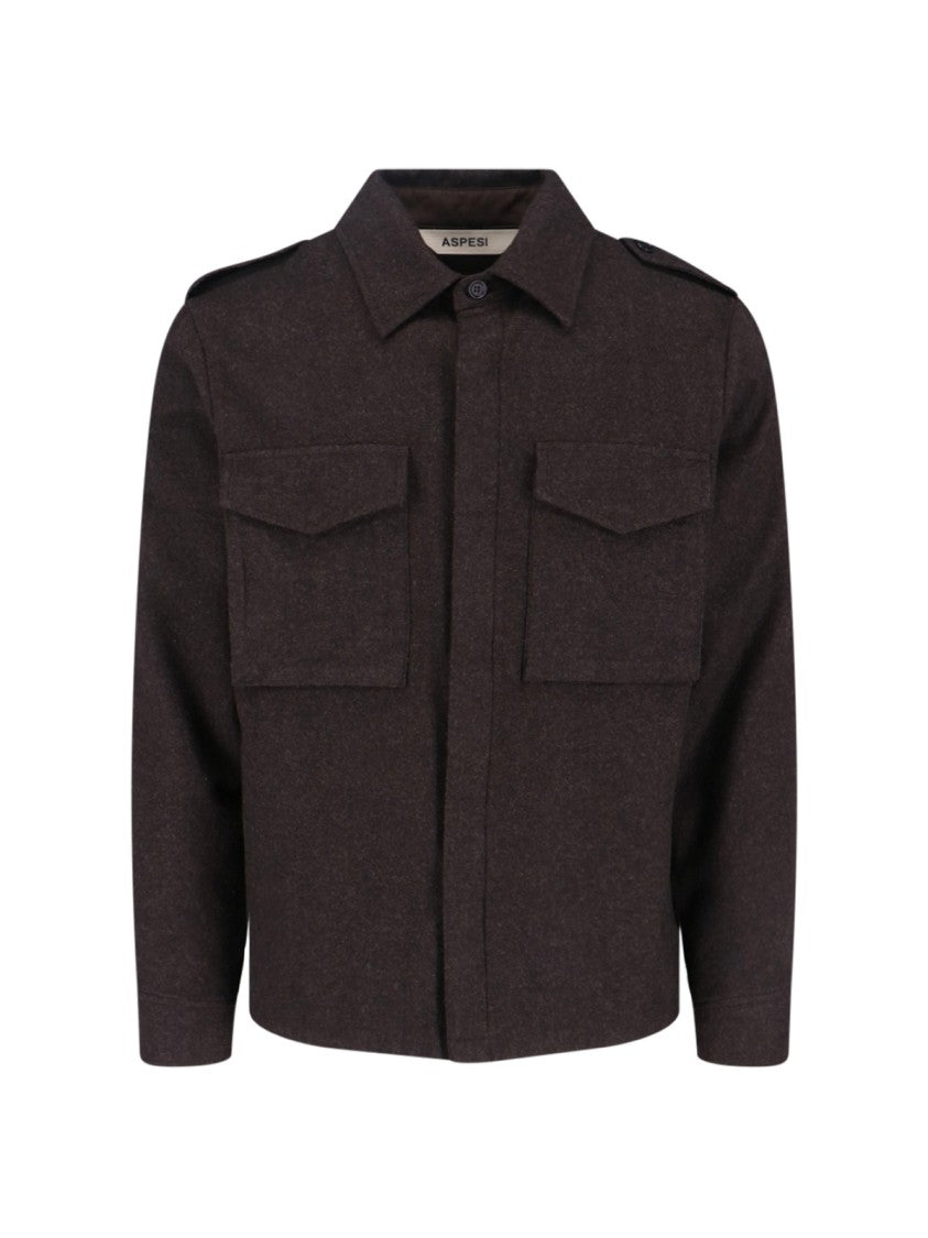 Aspesi Field Shirt In Dark Brown Virgin Wool