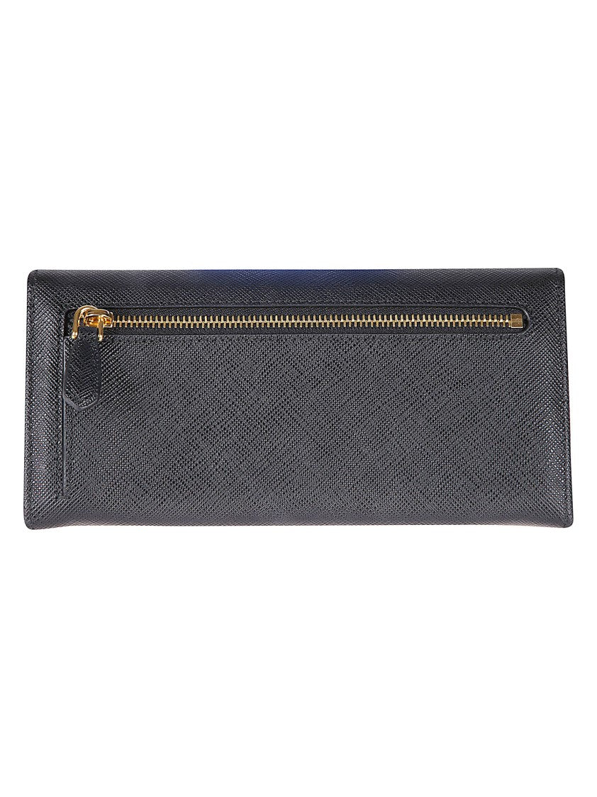 Prada Textured Black Flap Wallet With Gold-Tone Zipper