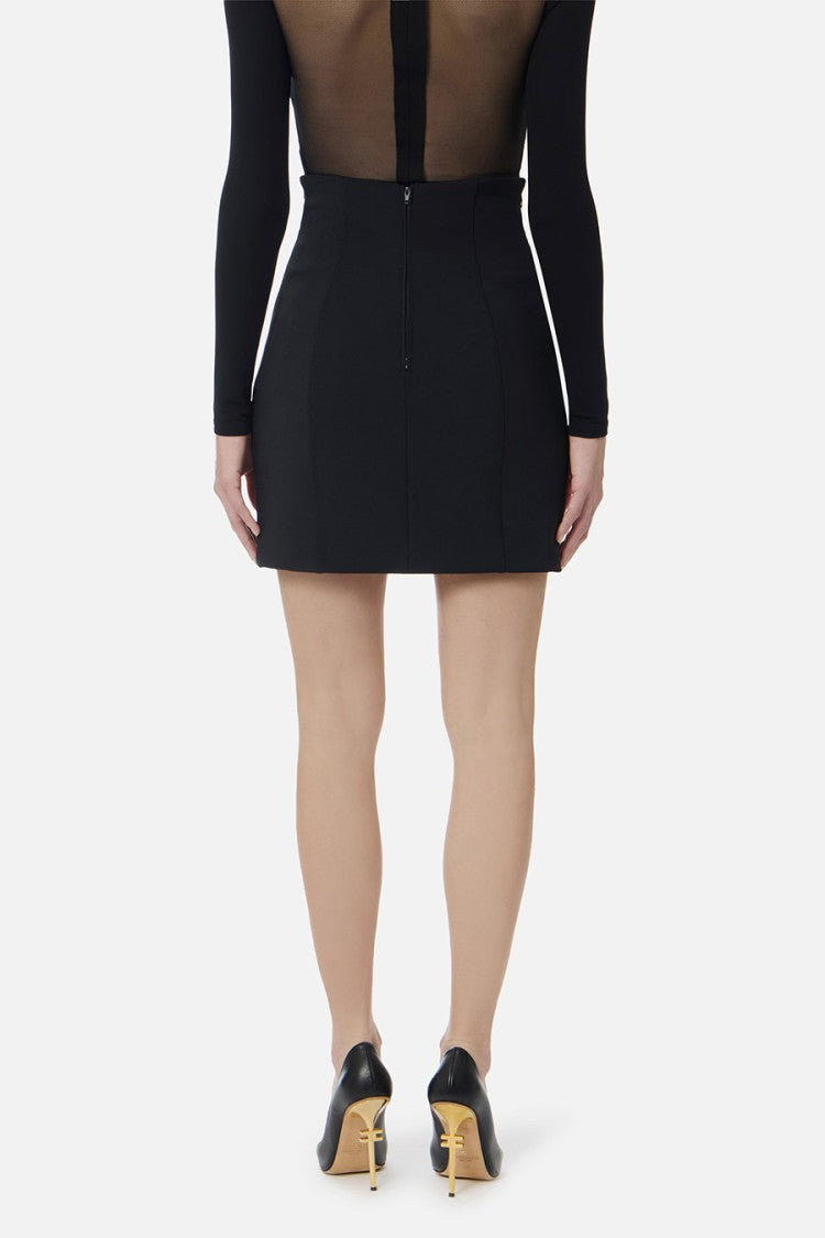 Elisabetta Franchi Black High-Waisted Gold Logo Buckle Viscose-Blend Mini Skirt