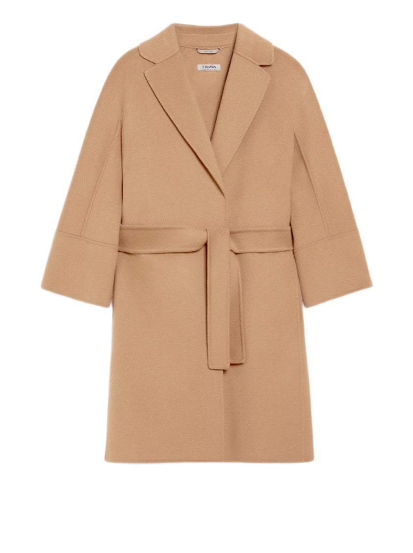 Max Mara Knee-Length Camel Coat With Notched Lapel And Waist Belt