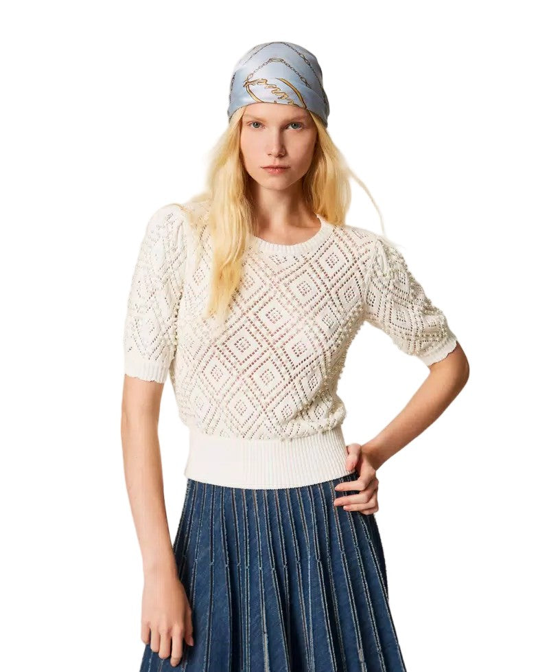 Twin-Set Cotton Punched Diamond Pearl Accent Short-Sleeved Top