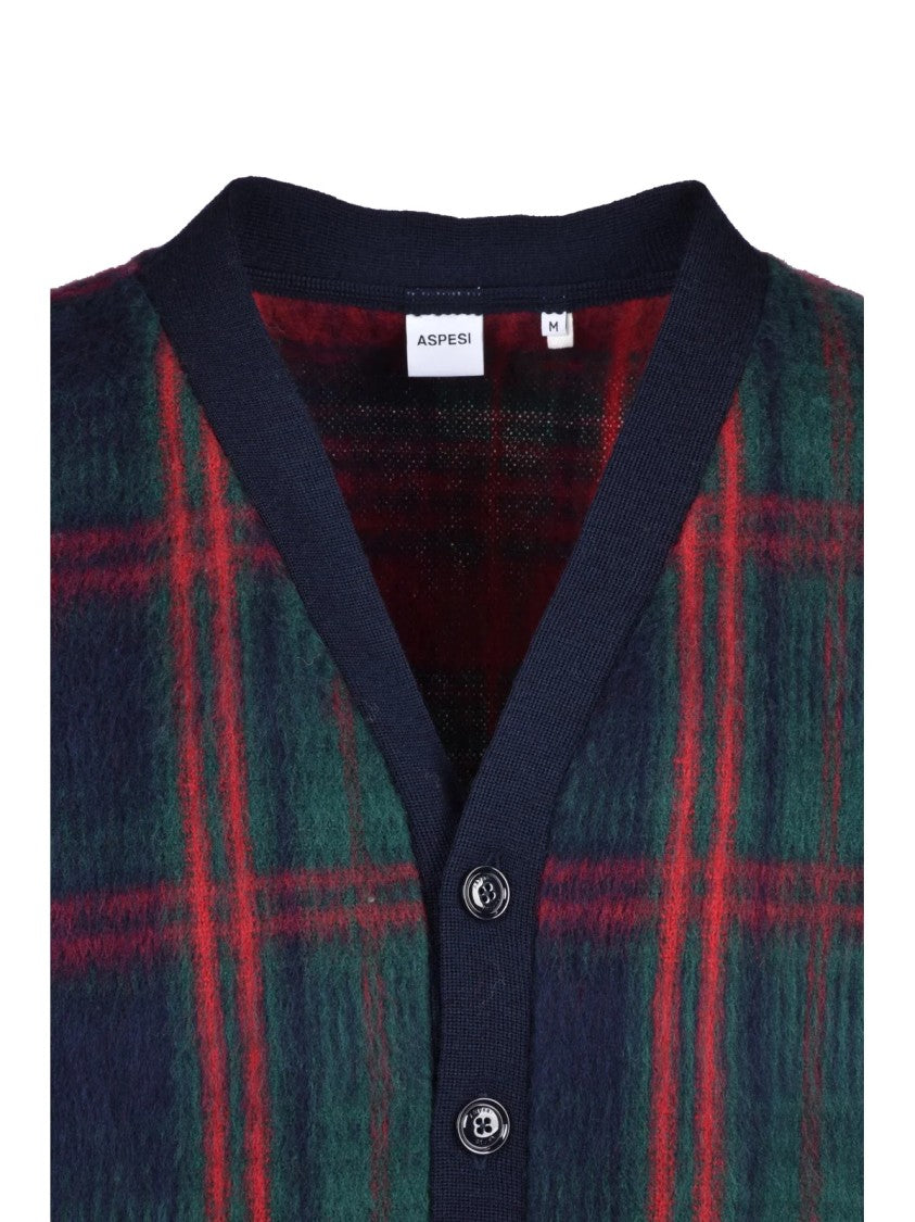 Aspesi V-Neck Button-Up Cardigan In Bold Plaid Pattern