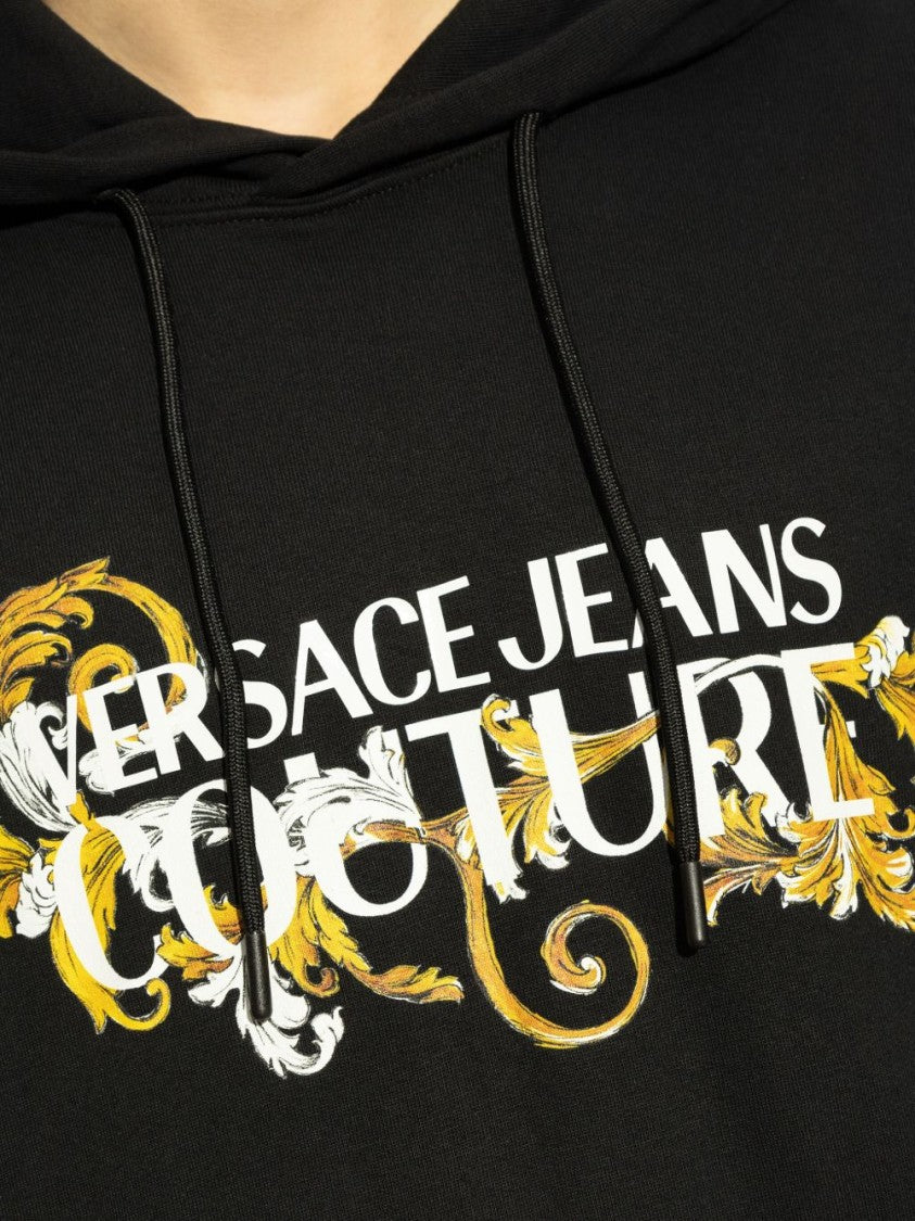 Versace Jeans Couture Black Cotton Sweatshirt With Drawstring Hood