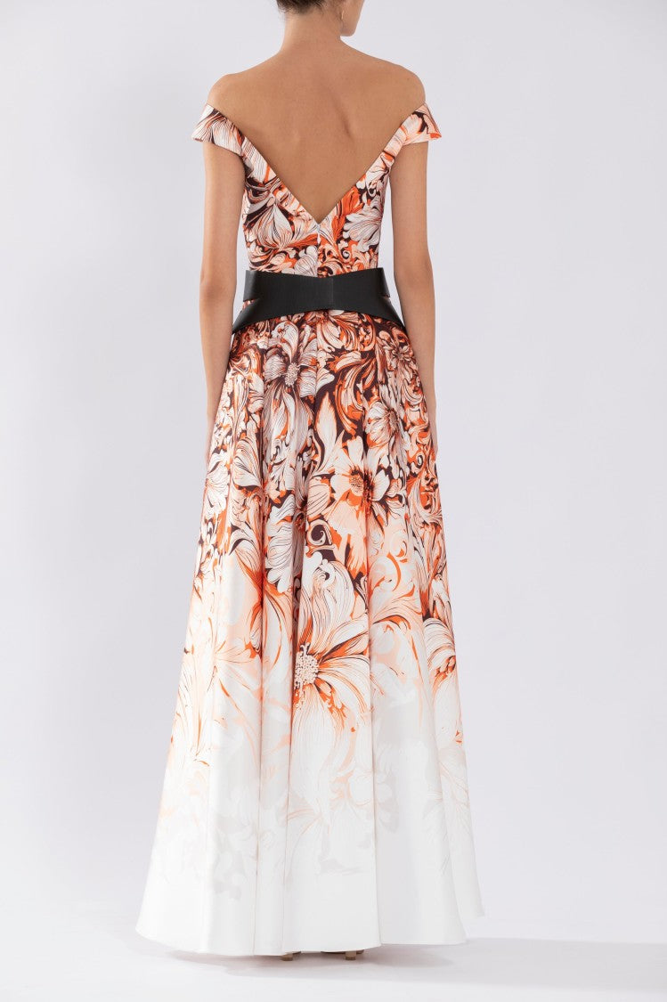 Saiid Kobeisy Mikado Printed Dress With Off-Shoulder Sleeves