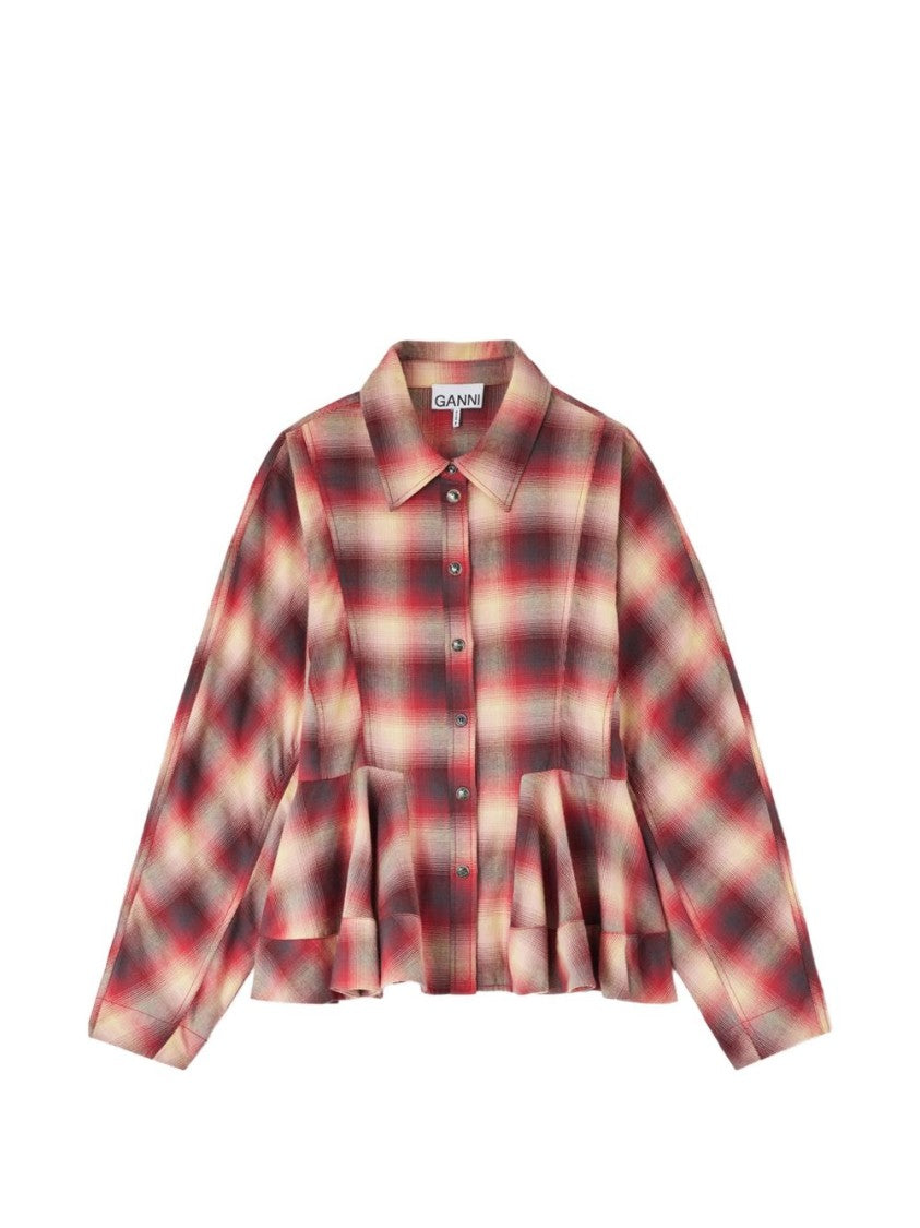 Ganni Multicolor Peplum Hem Check Flannel Shirt