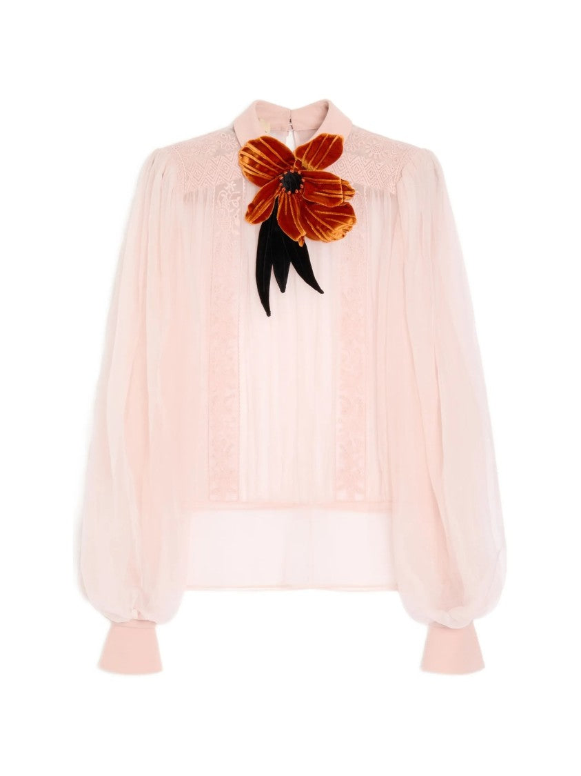 Valentino Pink Sheer Velvet Floral Applique Blouse