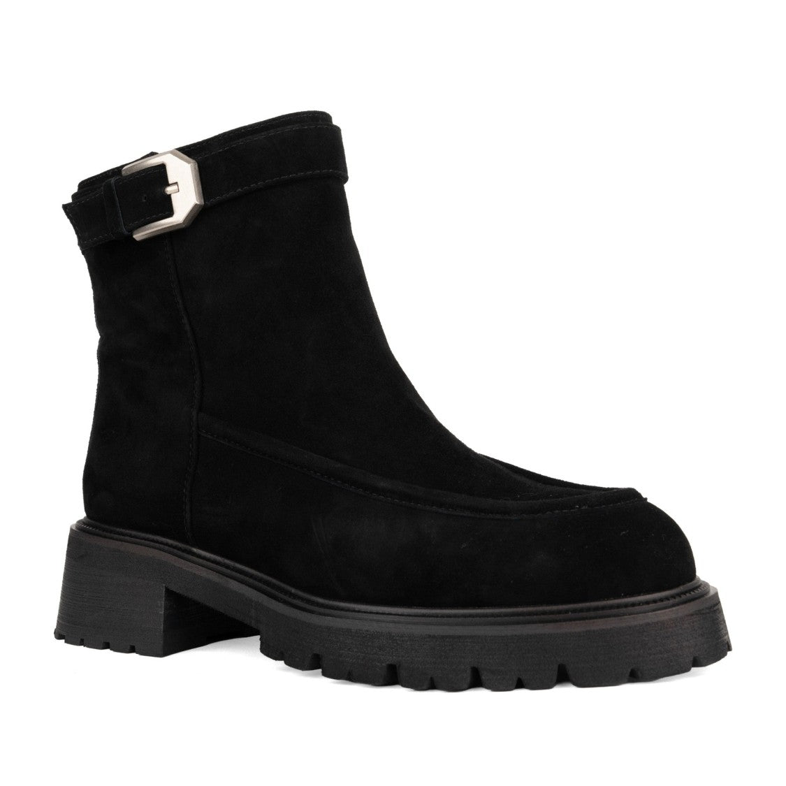 Linda Baumann Black Chunky Lug Sole Ankle Strap Suede Boots