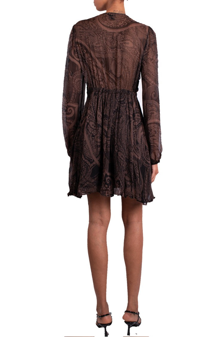 Pinko Brown Paisley Print Tie-Neck Viscose Mini Dress