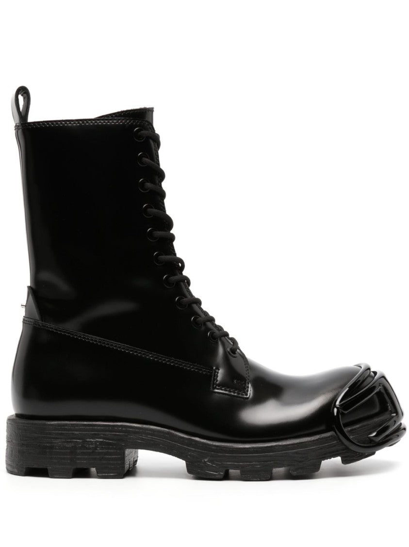 Diesel High Lace-Up Black Boots With Glossy Finish And Chunky Sole