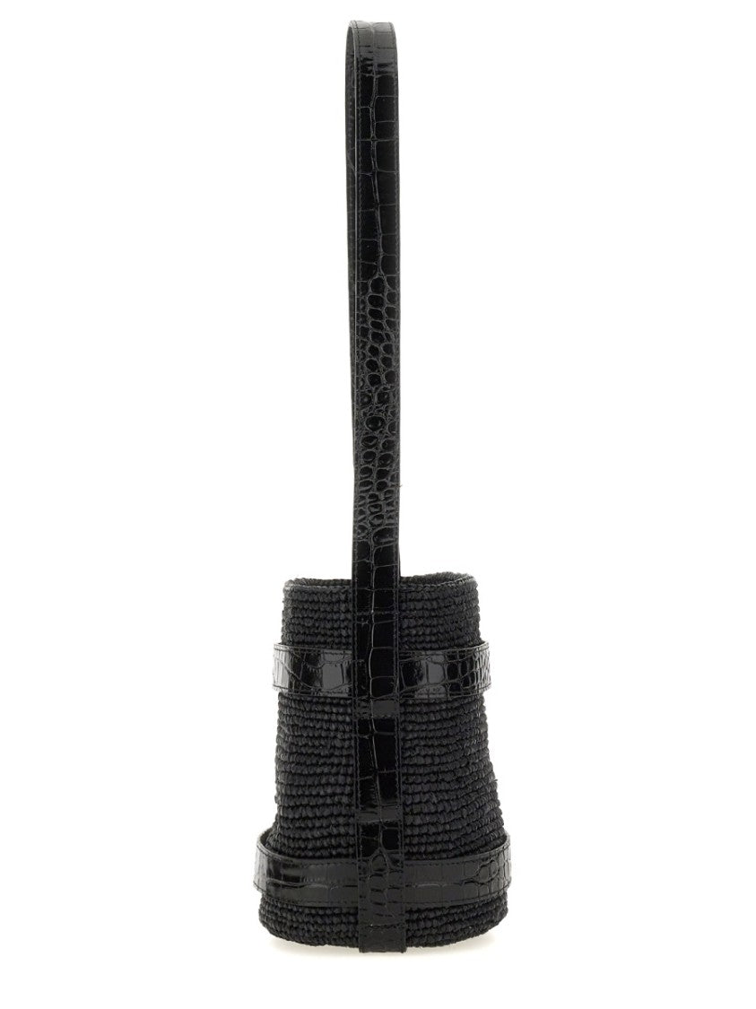 Manebi Textured Raffia Bucket Bag With Glossy Accents