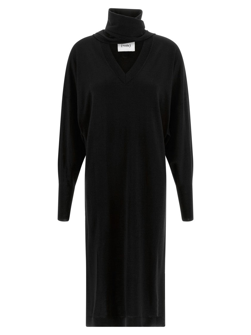 Nude Light Wool Knit Midi Dress With V-Neck