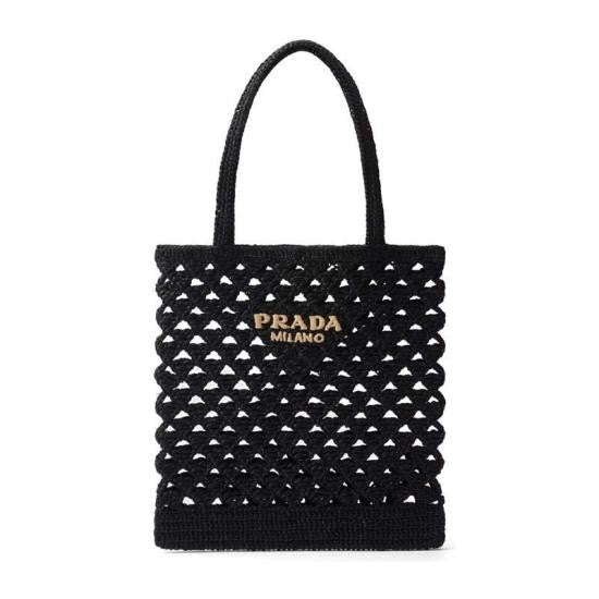 Prada Woven Black Tote Bag With Structured Design And Logo Plaque