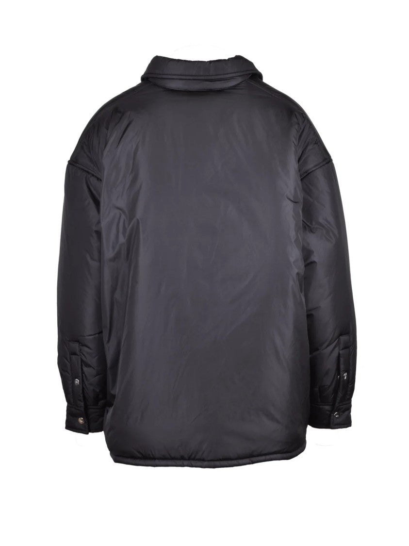 Add Down-Filled Black Nylon Short Coat With Snap Button Closure