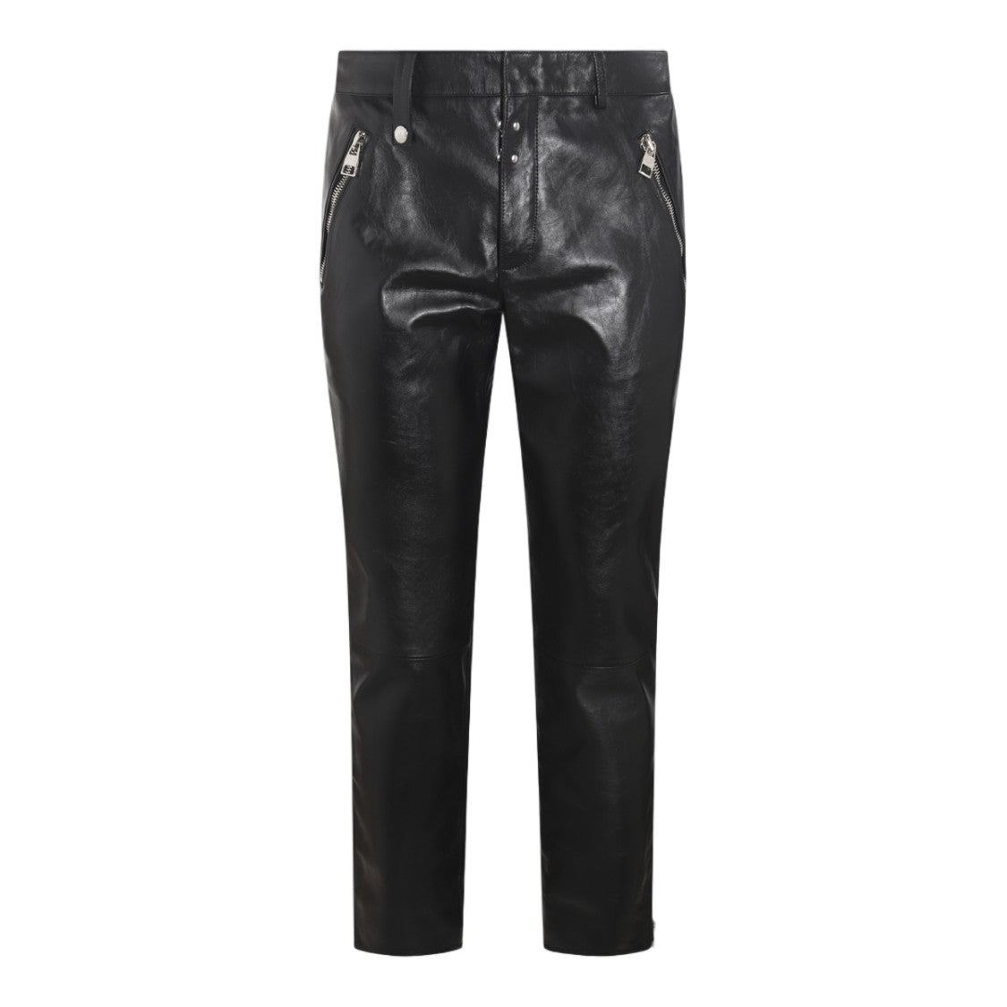 Alexander Mcqueen Slim Fit Black Leather Trousers With Zippered Pockets