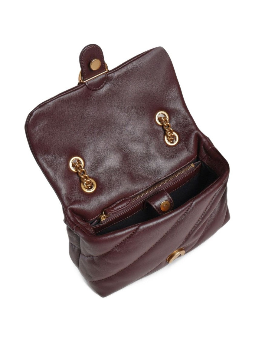 Pinko Quilted Burgundy Gold-Tone Bird Clasp Leather Shoulder Bag