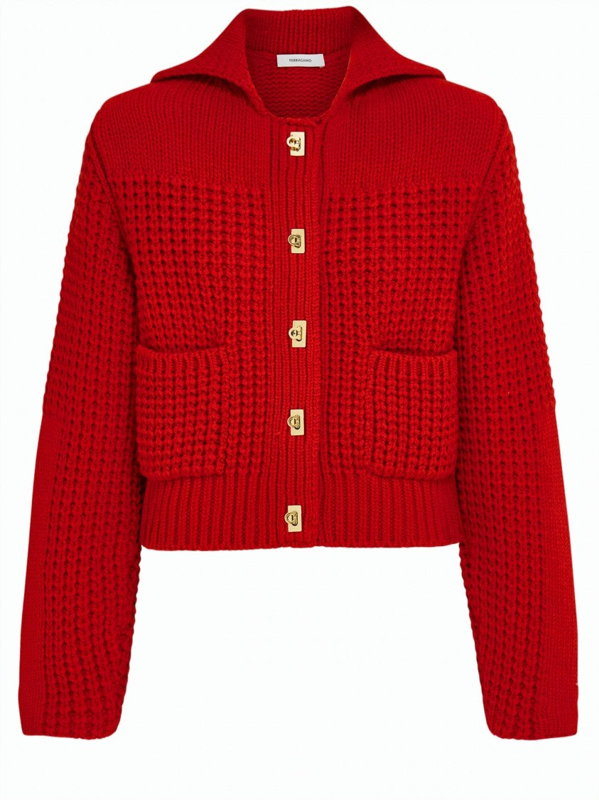 Salvatore Ferragamo Cropped Waffle-Knit Button-Up Sweater