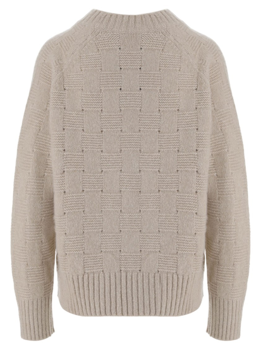 Allude Beige Checkerboard Knit Sweater