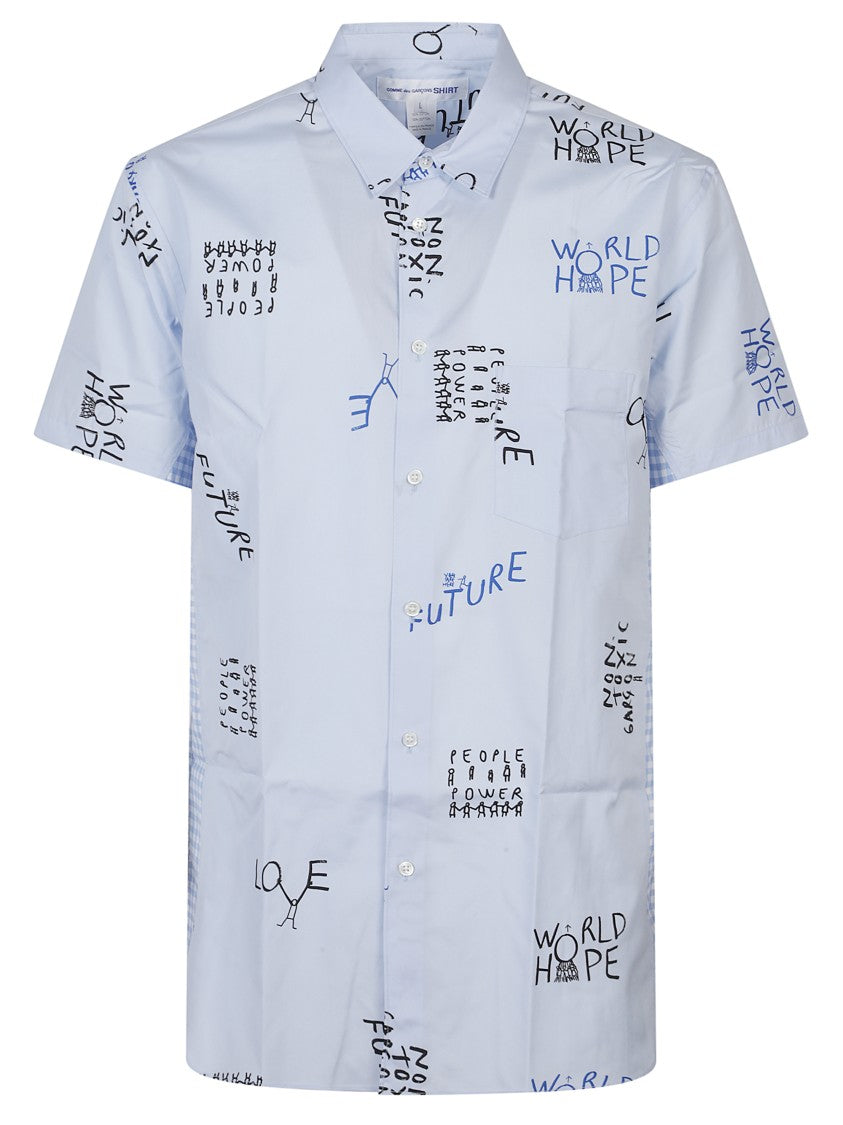 Comme Des Garçons Playful Typography Light Blue Printed Shirt