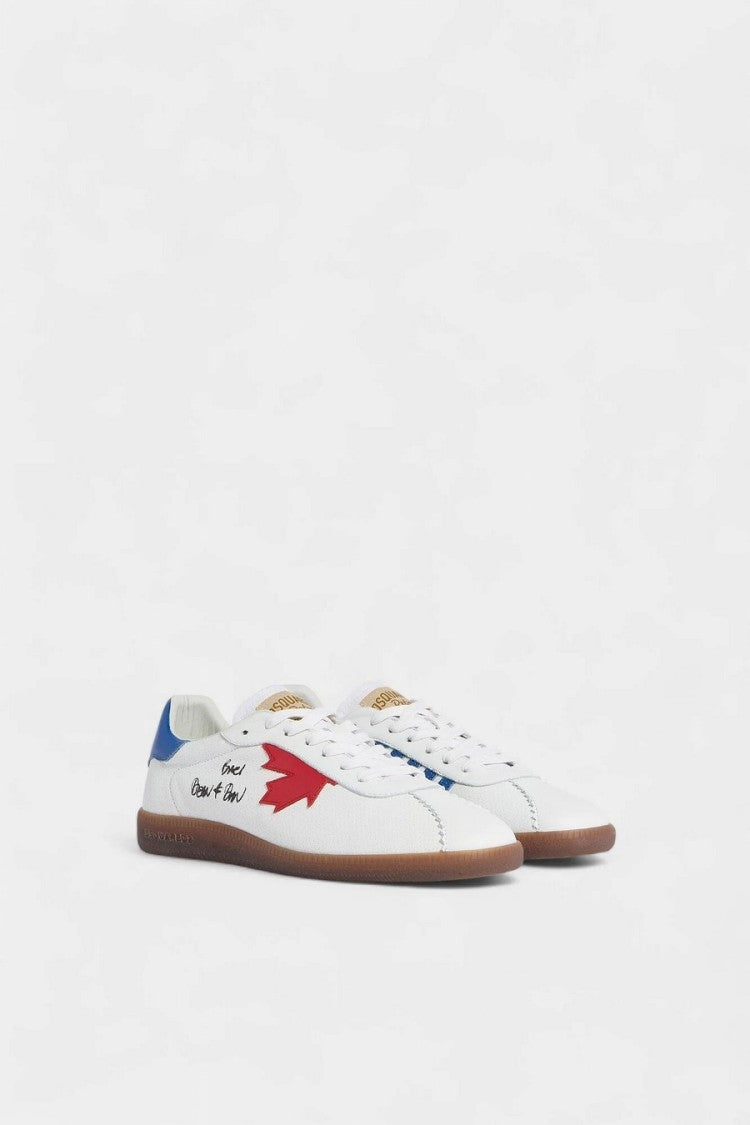 Dsquared2 White Embroidered Maple Leaf Motif Goatskin Sneakers