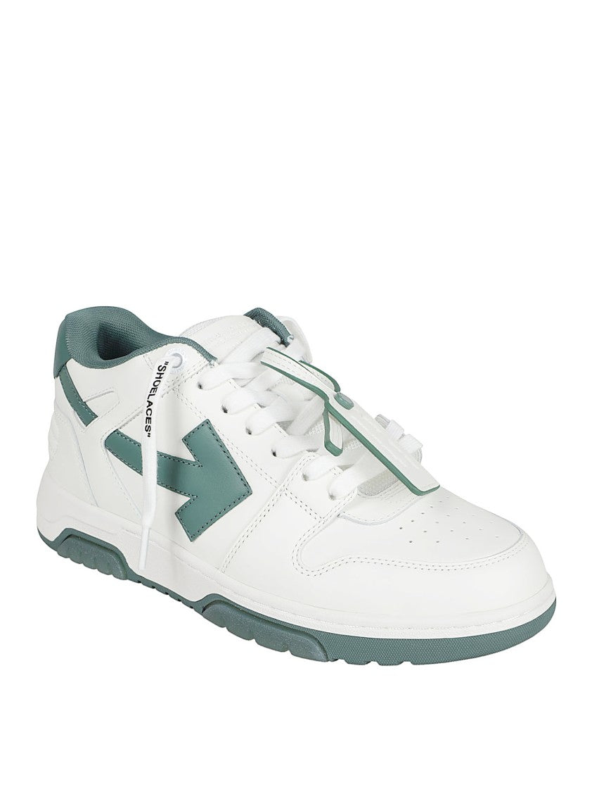 Off-White Low-Top Sneakers With Green Accents And Branded Detailing