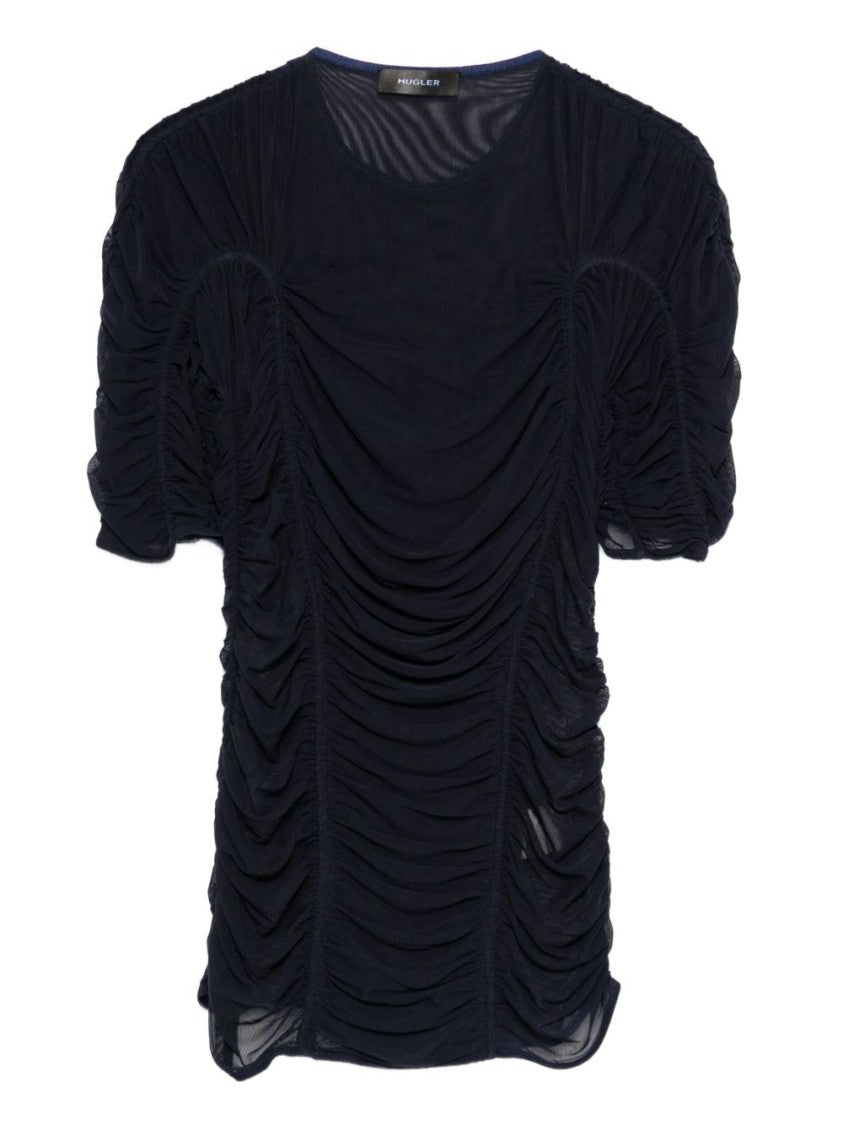 Mugler Blue Mesh Crew Neck Short Top