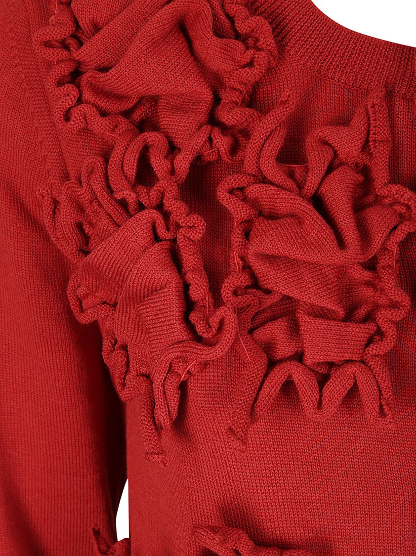 Comme Des Garçons Red Wool Sweater With Textured Floral Appliques