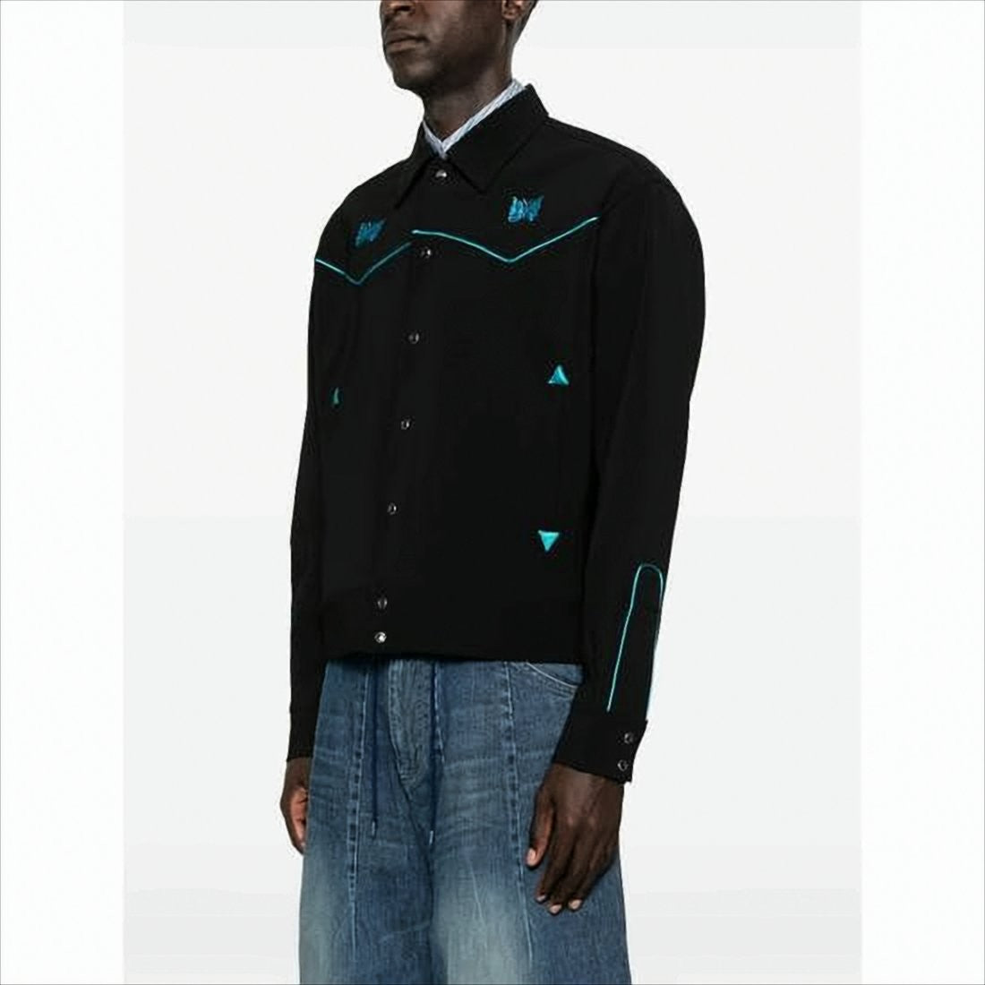 Needles Embroidered Black Jacket With Turquoise Butterfly Motifs