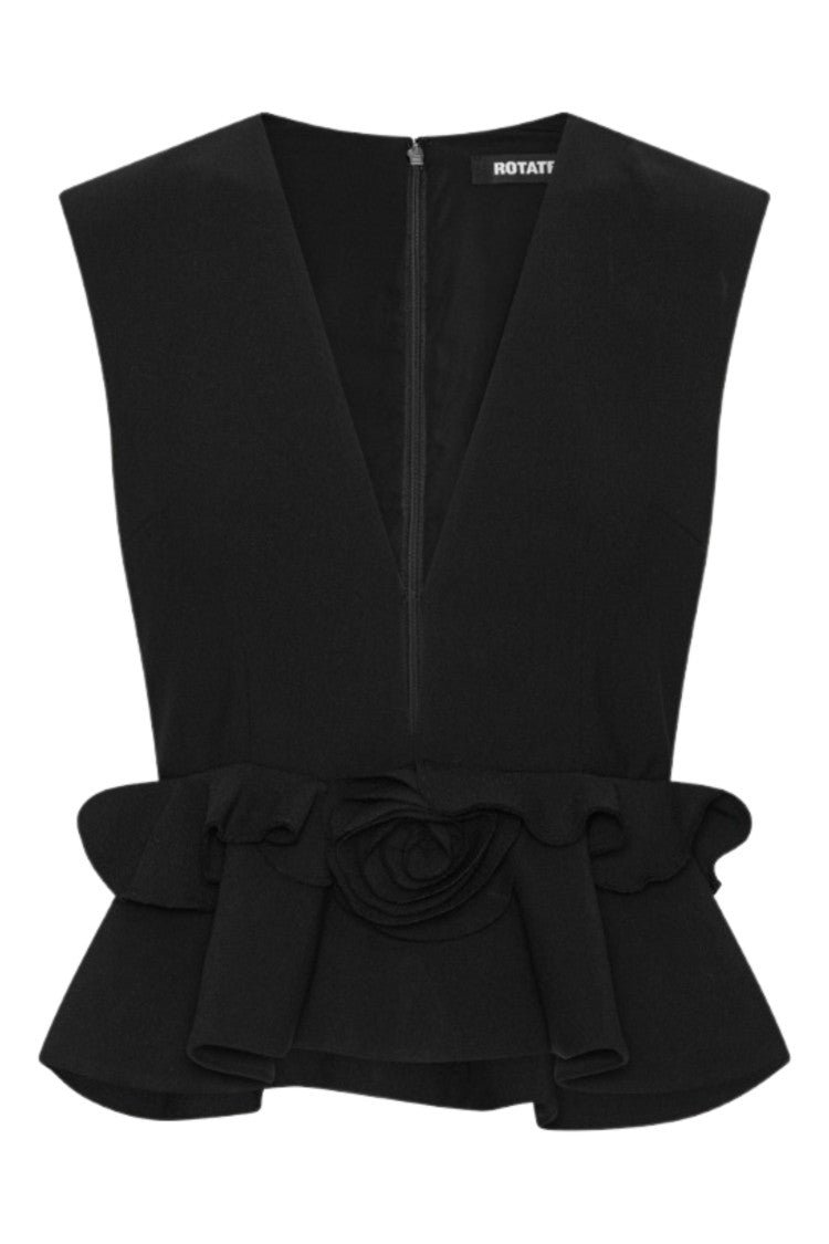 Rotate Black V-Neck Flower Applique Ruffled Waist Top