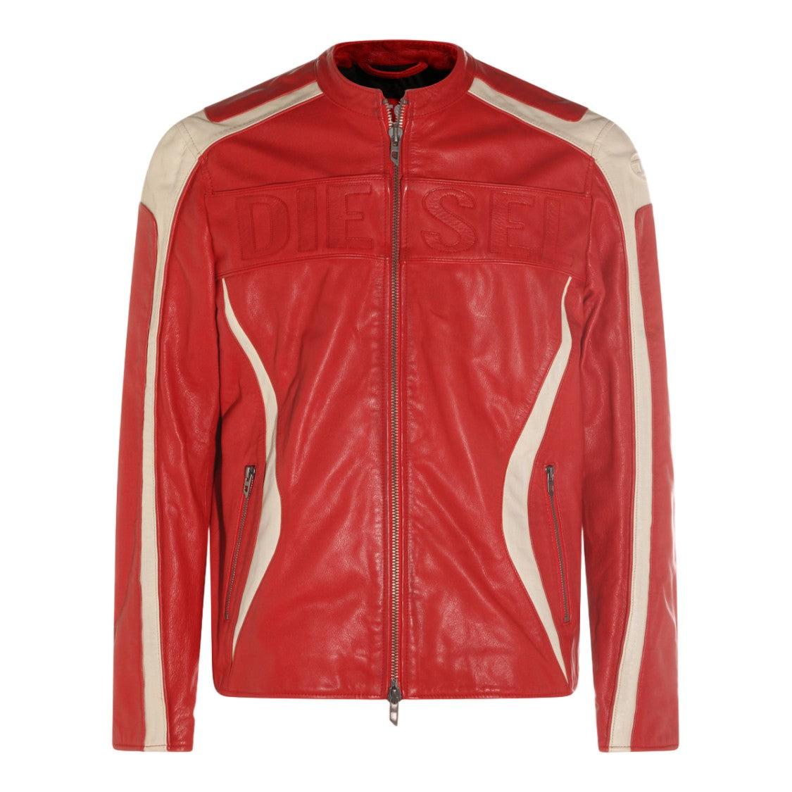 Diesel Red Leather Jacket With Cream Panels