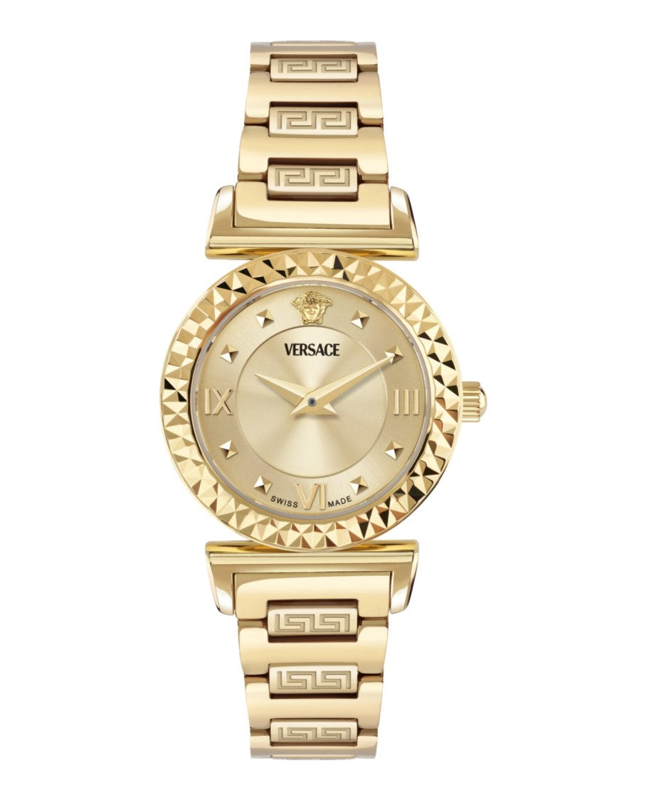 Versace Mini Vanity Bracelet Watch With Gold Sunray Dial And Greek Key Motifs