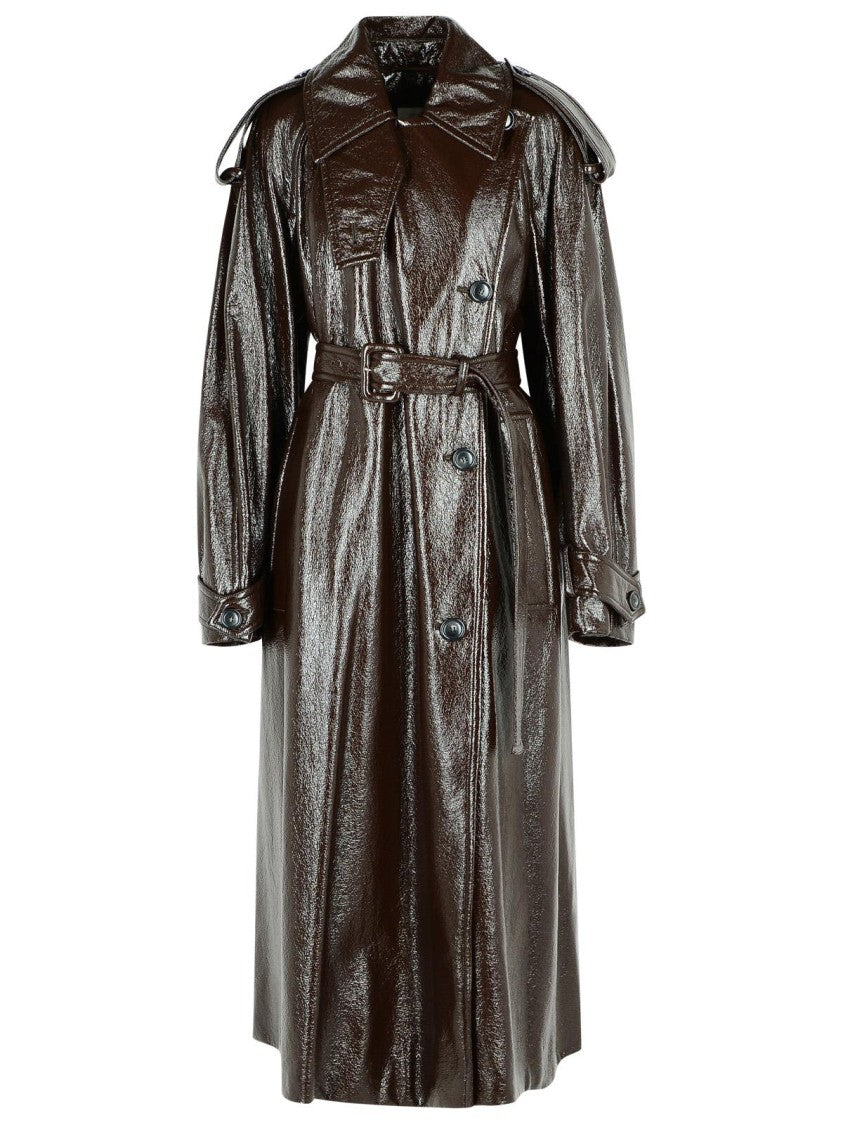 Sportmax Long 'Bairo' Patent Effect Trench Coat In Coffee Cotton