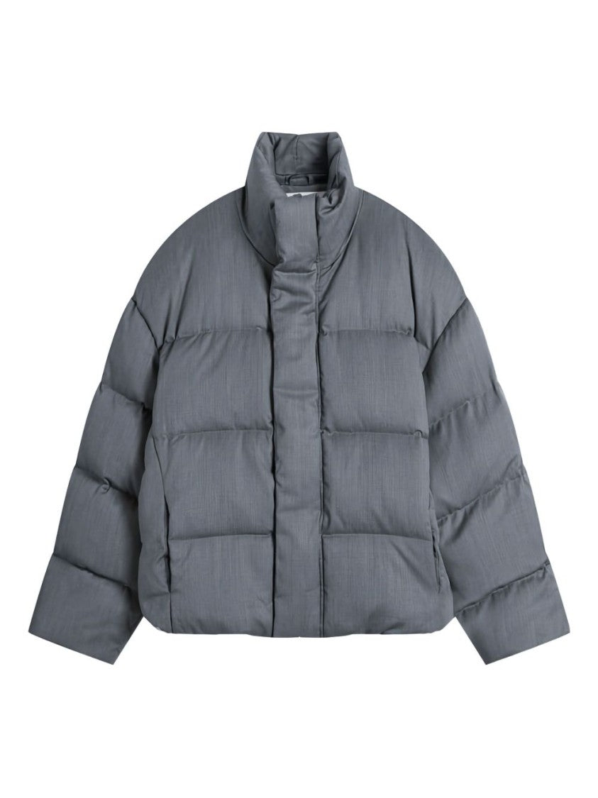 Entire Studios Boxy Cropped Grey Down Jacket With Concealed Closure And Textured Fabric