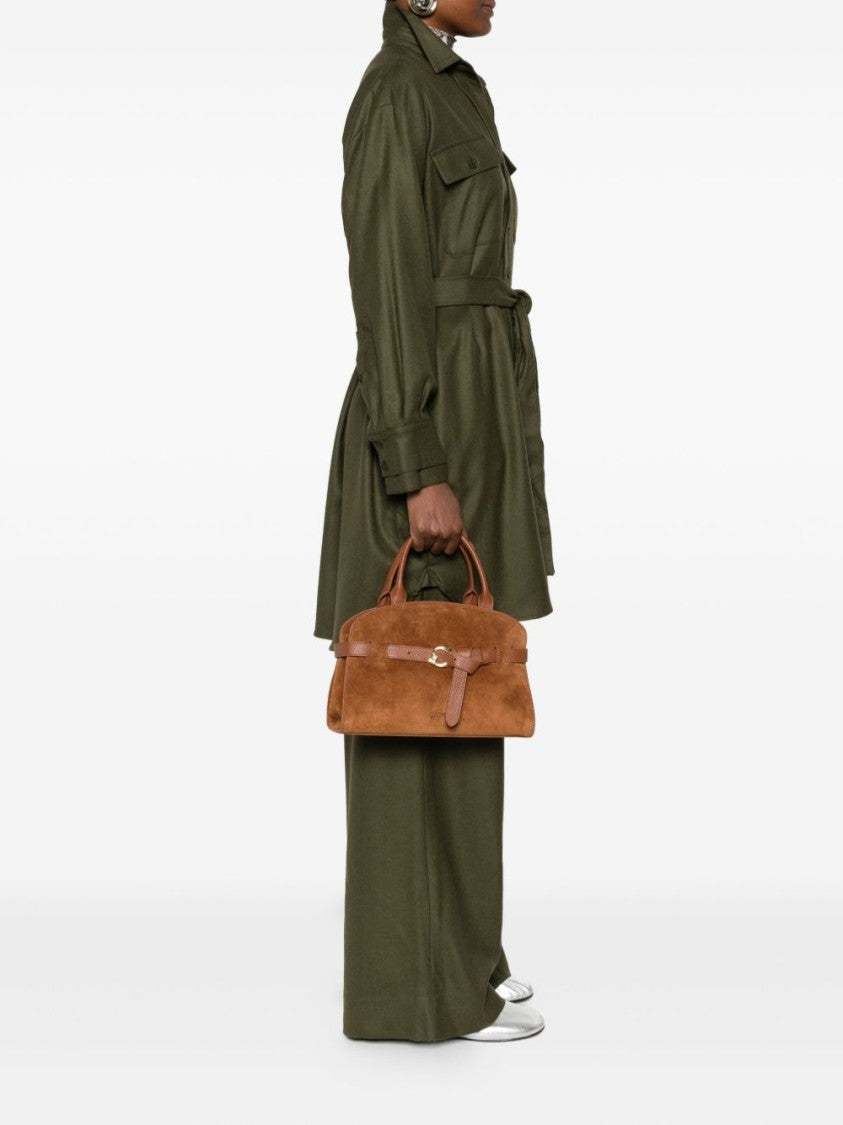 Coccinelle Structured Brown Calf Suede Handbag With Gold-Tone Buckle