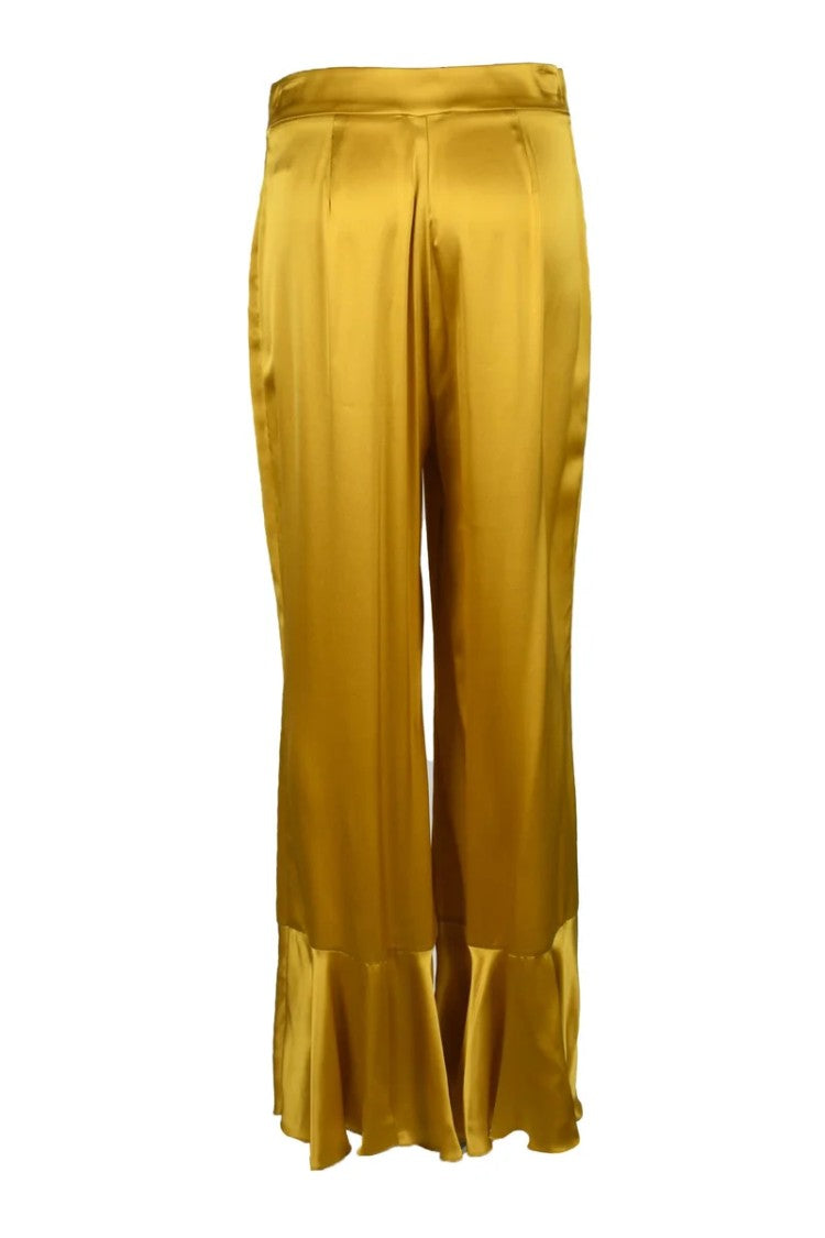 L Autre Chose Yellow Silk Trousers With Flared Ruffle Hem