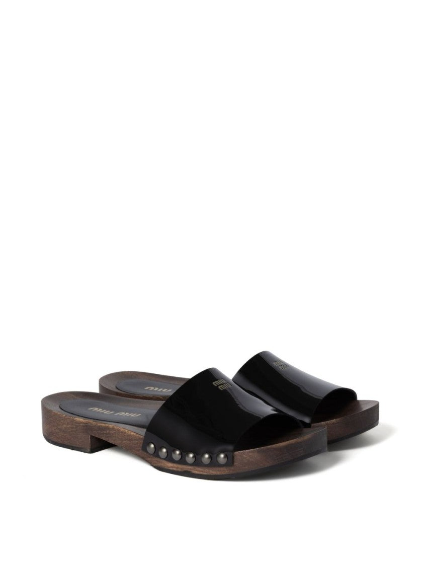 Miu Miu Open-Toe Black Leather Sandals With Glossy Upper And Wooden Sole